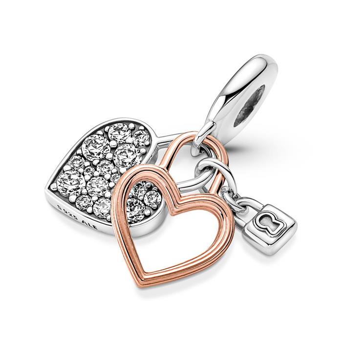Double heart lock charm in 925 silver, bicolour