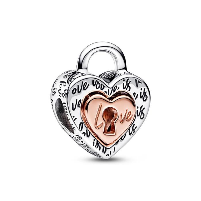 Two-piece charm heart lock, 925 silver, bicolour