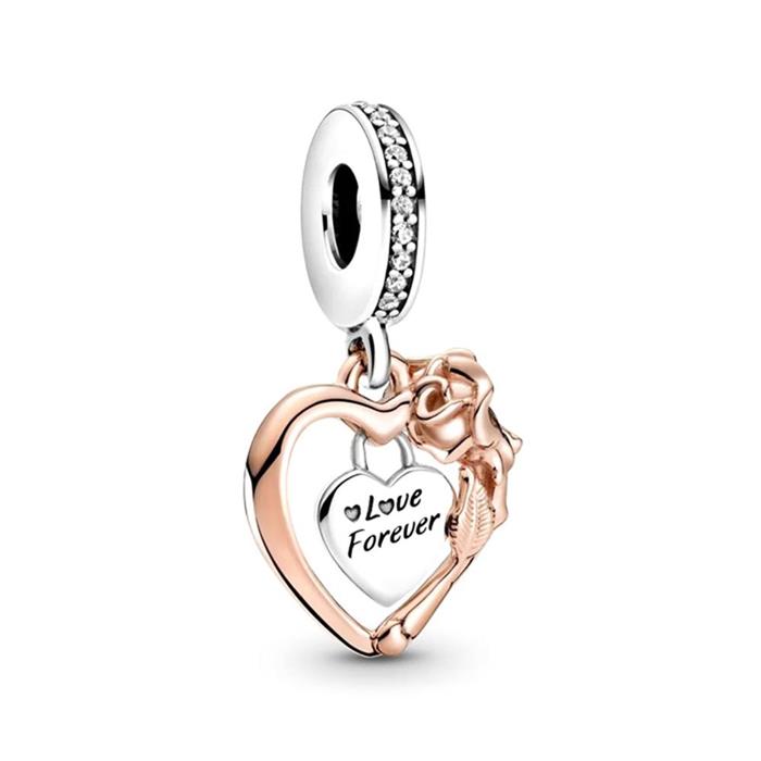 Sterling silver heart and rose charm with cubic zirconia