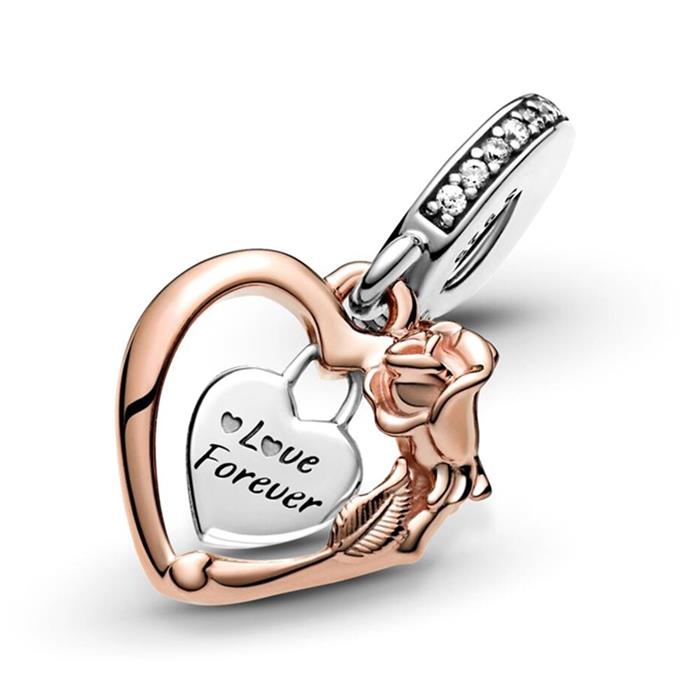 Sterling silver heart and rose charm with cubic zirconia