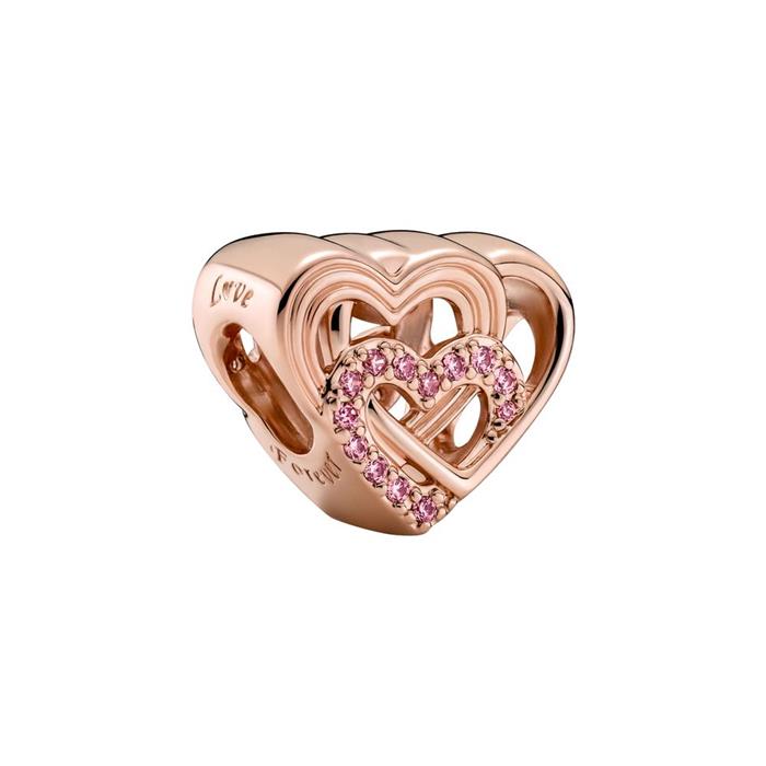 Heart charm, rose gold plated with pink zirconia