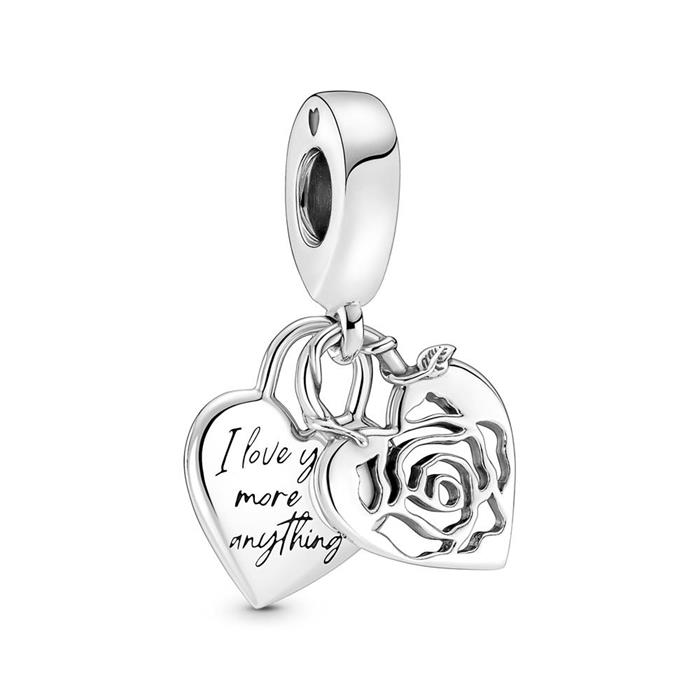 Rose heart lock charm engraved pendant in 925 sterling silver