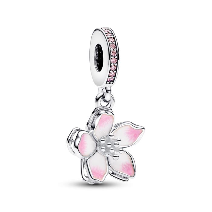 Cherry blossom charm pendant in 925 silver, zirconia