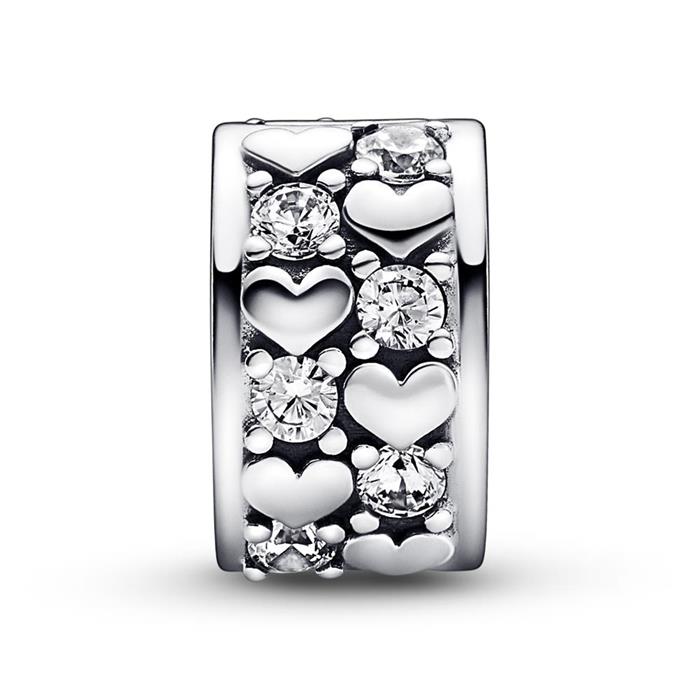 Clip-on charm hearts in 925 sterling silver with cubic zirconia