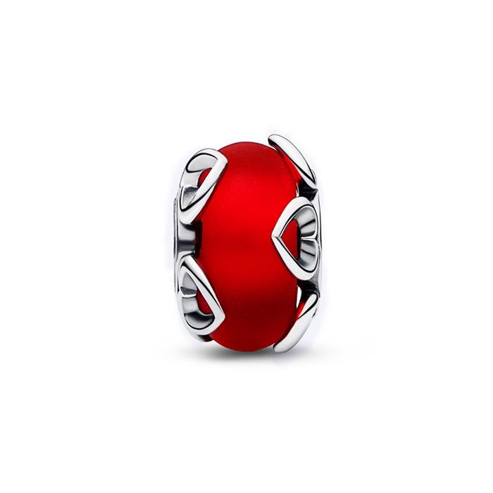 Matte red murano glass and heart charm in 925 sterling silver