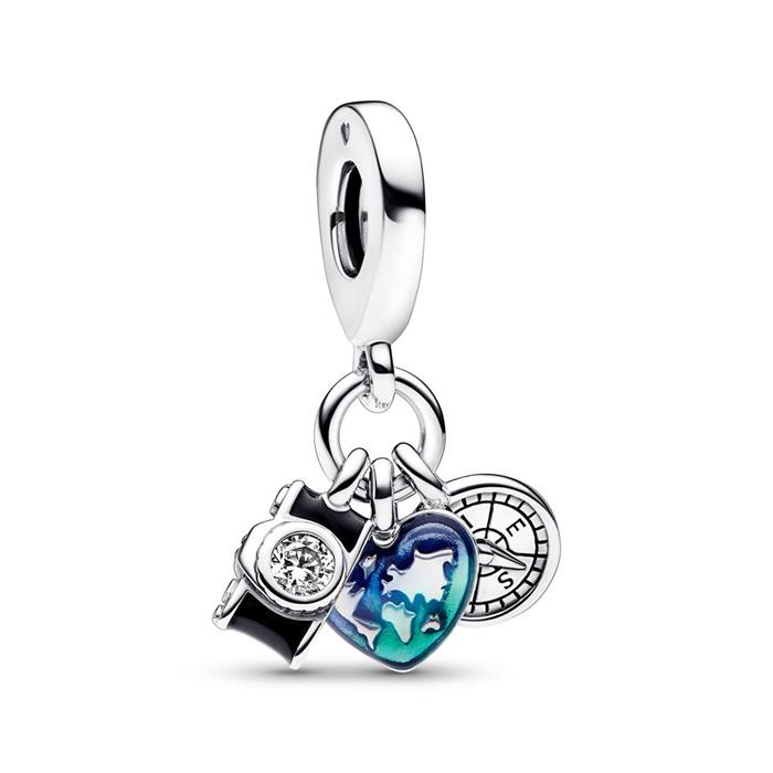 Triple charm pendant camera, heart and compass