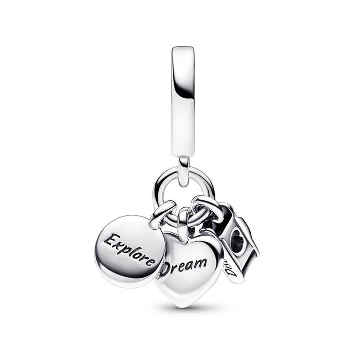 Triple charm pendant camera, heart and compass