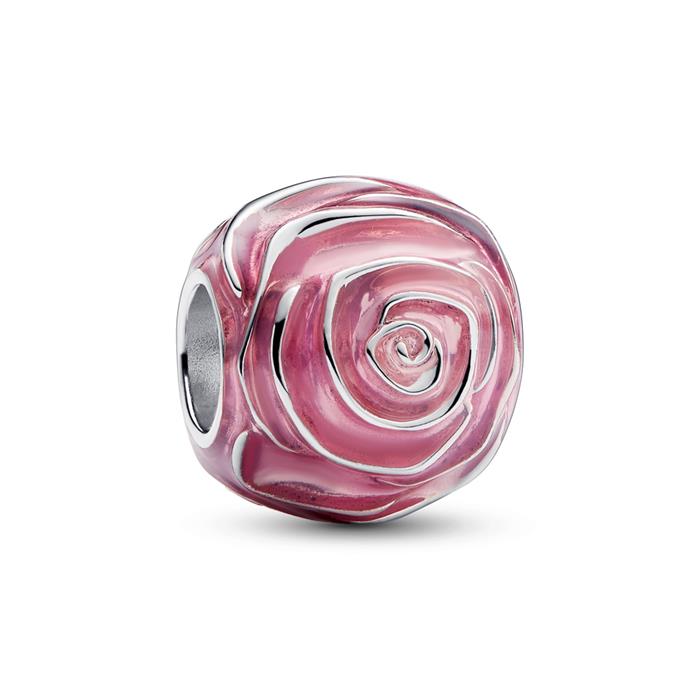 Pink Rose in Bloom Charm in 925 Sterling silver, enamel