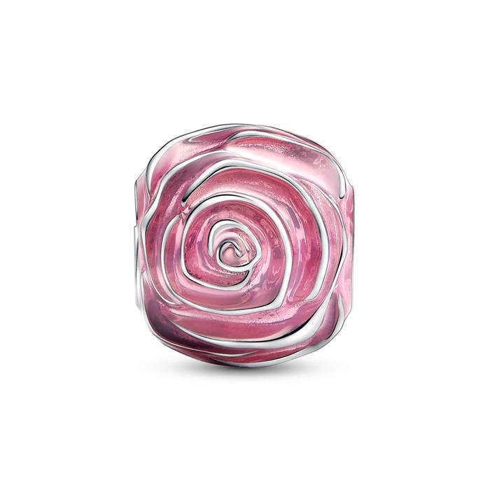 Pink Rose in Bloom Charm in 925 Sterling silver, enamel