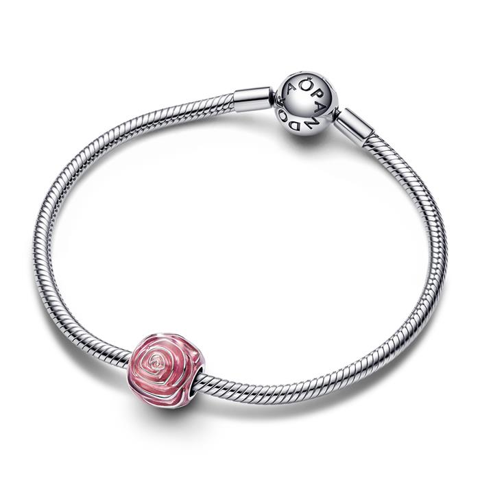 Roze Roze in bloei bedel in 925 Sterling zilver, emaille