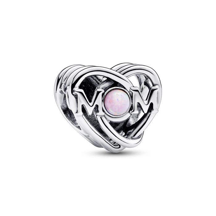 Slide Charm Heart in 925 Sterling silver, pink opal, synth.