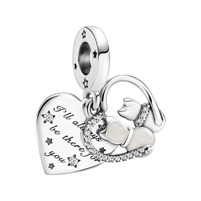 Heart charm cats in sterling silver with cubic zirconia