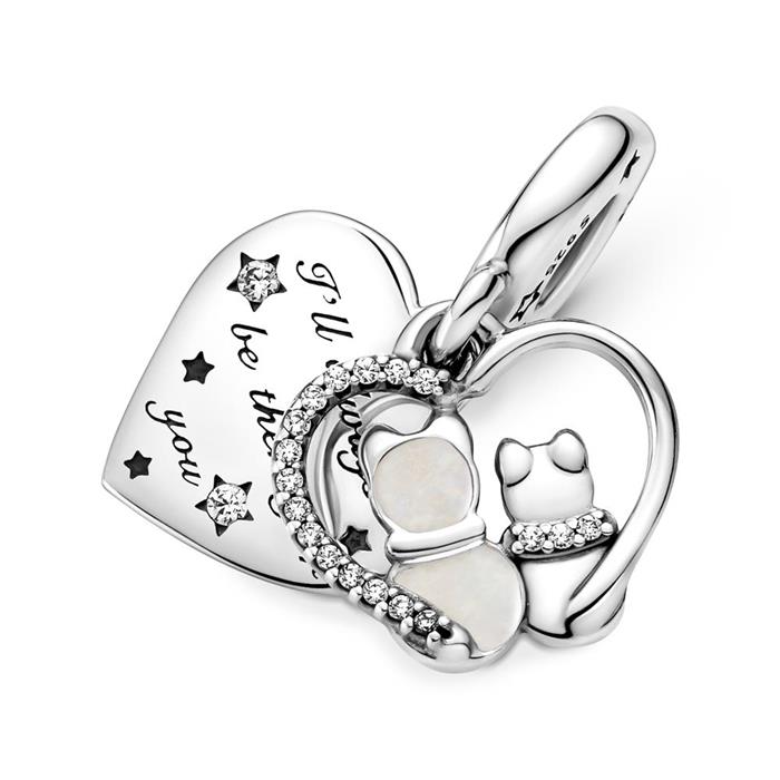 Heart charm cats in sterling silver with cubic zirconia