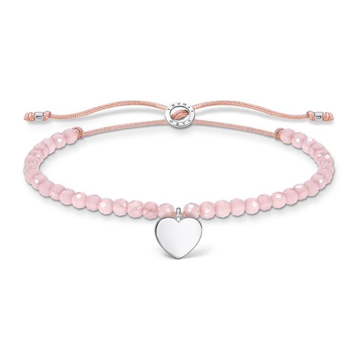 Engraved textile heart bracelet with rose quartz beads