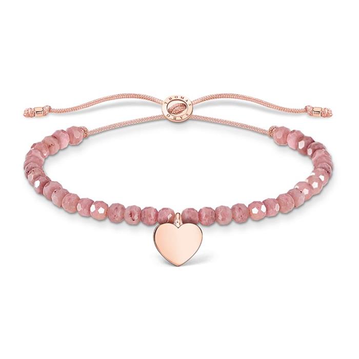 Engraved  jasper textile bracelet with heart pendant, rosé
