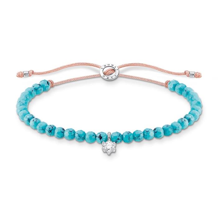 Armband van textiel met turquoise kralen en Zirkonia