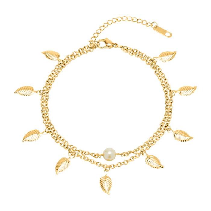 Double Row Anklet Leaves Pearl Stainless Steel Gold