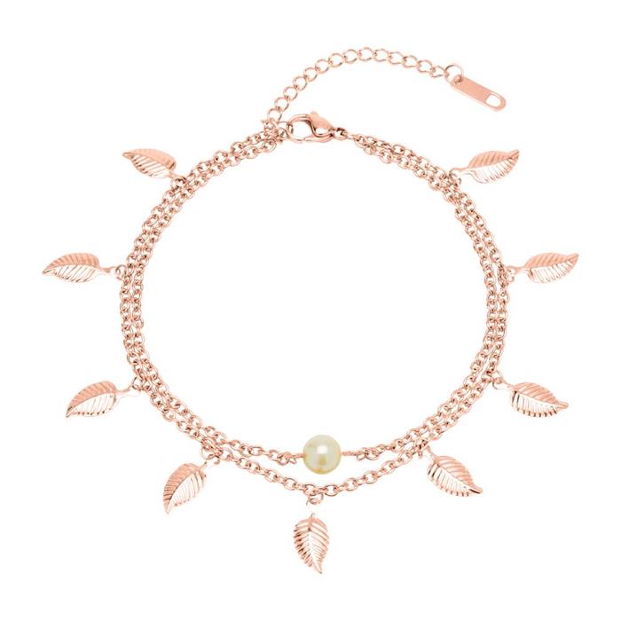 Rosévergoldete Fußkette Blätter Perle zweireihig