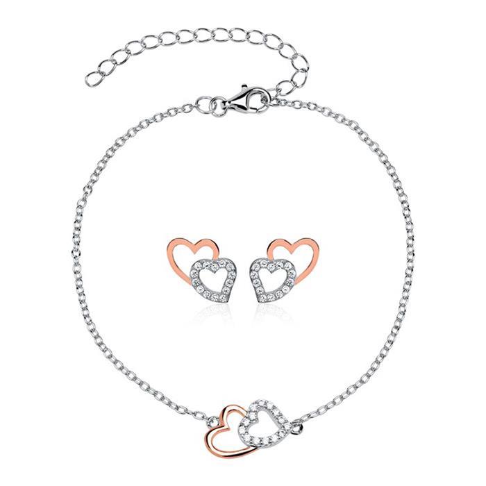 Heart bracelet and earrings in 925 silver, rosé