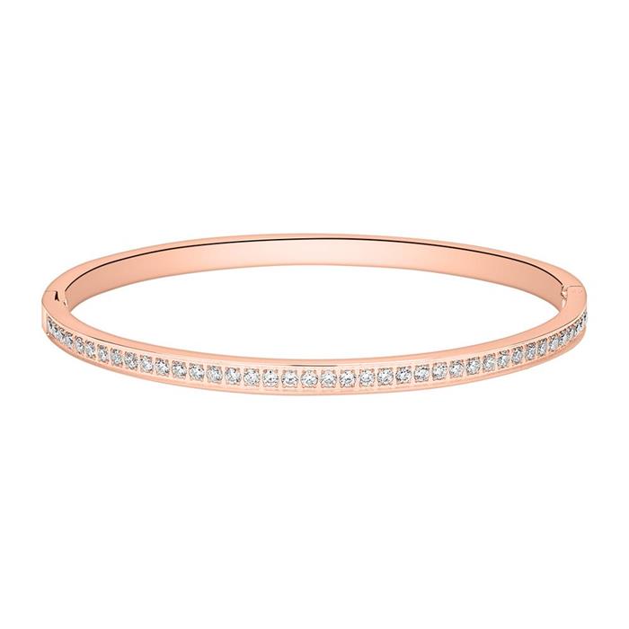 Brazalete grabado de acero inoxidable, chapado en oro rosa con circonita cúbica