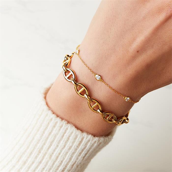 Ladies bracelet with anchor chain links, gold plated stainless steel