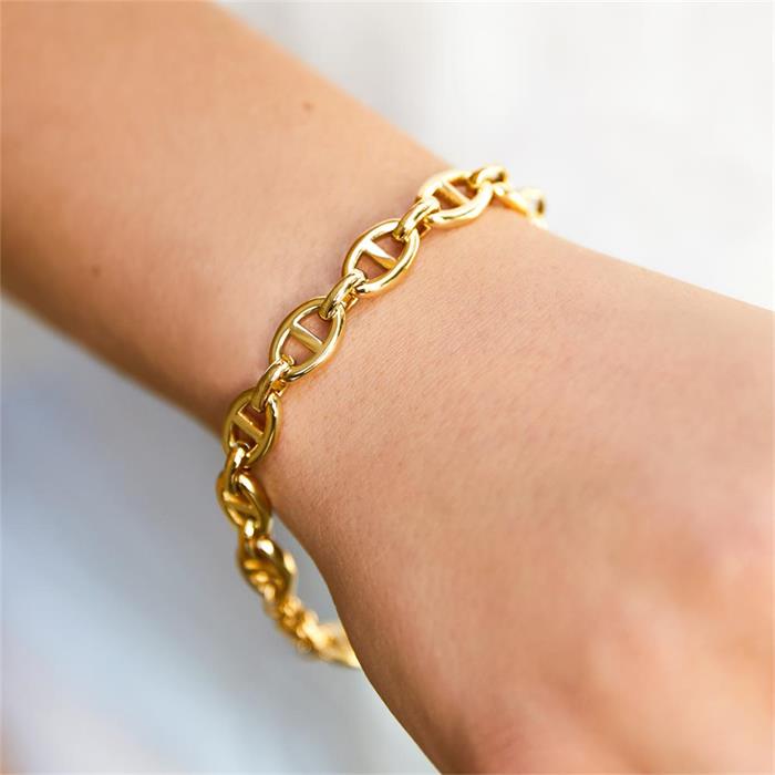 Ladies bracelet with anchor chain links, gold plated stainless steel