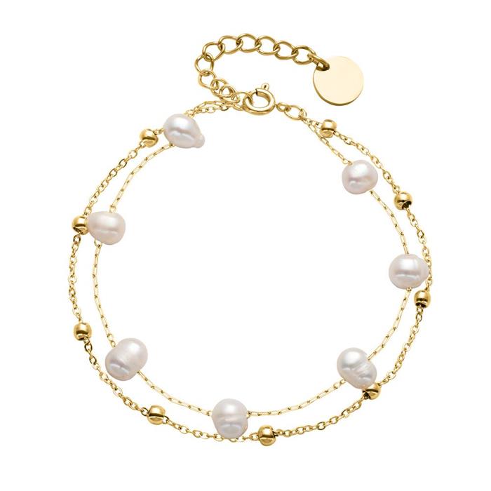 Ladies double row bracelet in stainless steel, gold, pearls