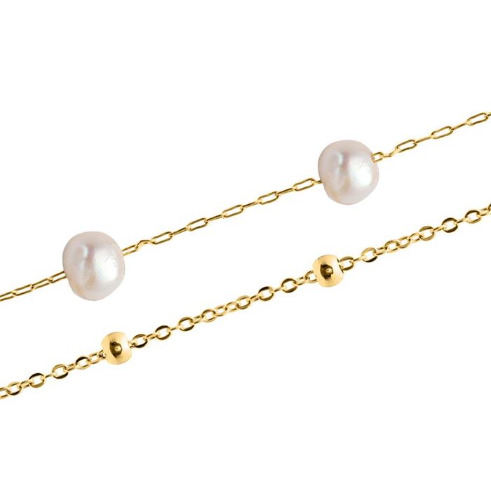 Ladies double row bracelet in stainless steel, gold, pearls