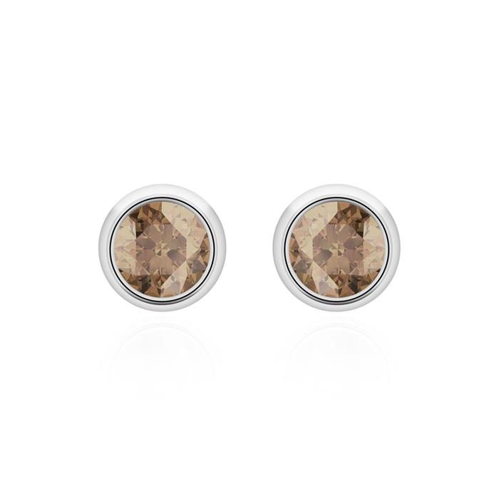 Ladies ear studs in 14K white gold with smoky quartz