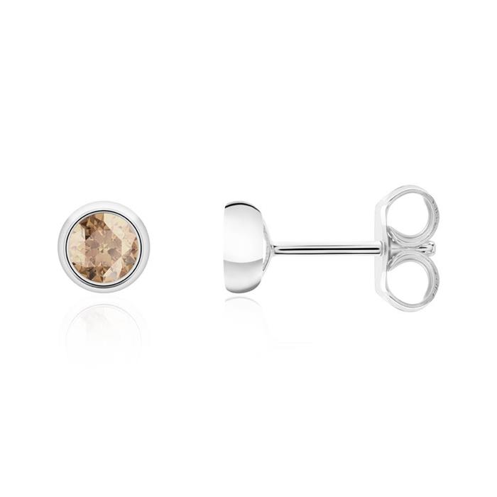 Ladies ear studs in 14K white gold with smoky quartz