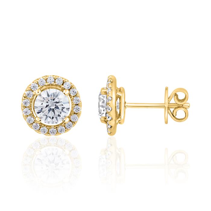 Halo stud earrings with lab grown diamonds in yellow gold