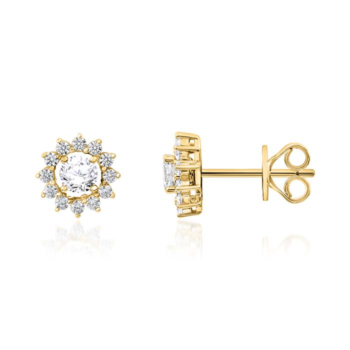 Halo stud earrings with diamonds in yellow gold