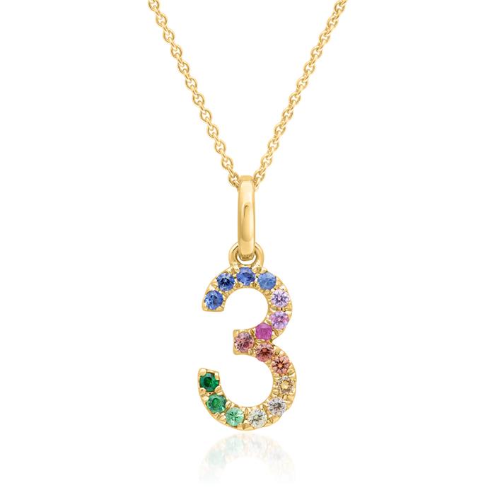 Number 3 pendant in 14-karat gold with colourful sapphires