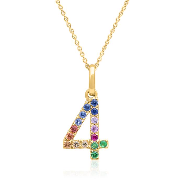 Number pendant 4 in 14 carat gold with sapphires