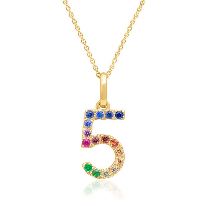 Number 5 pendant in 14K carat gold with sapphires