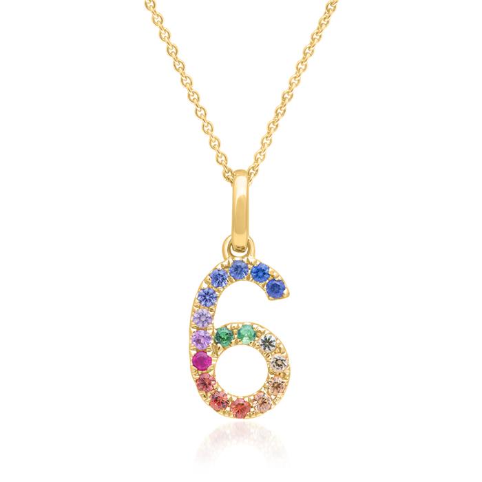 Chain with sapphire pendant number 6 in 14K gold