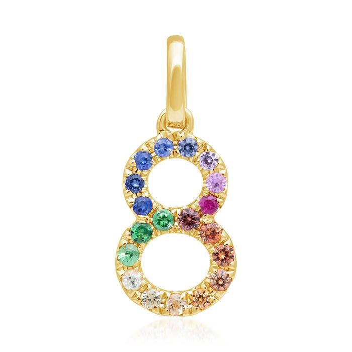 Number pendant 8 in 14K gold with sapphires, multicoloured