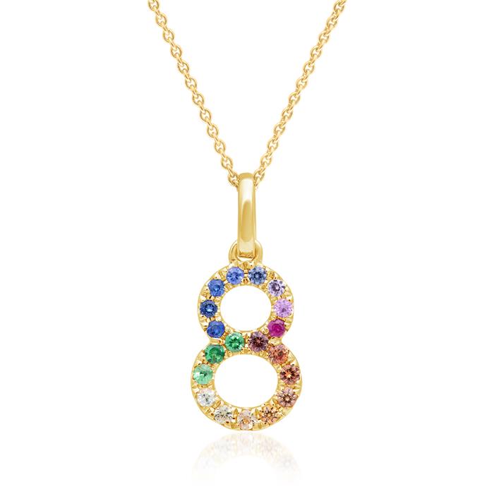 Number pendant 8 in 14K gold with sapphires, multicoloured