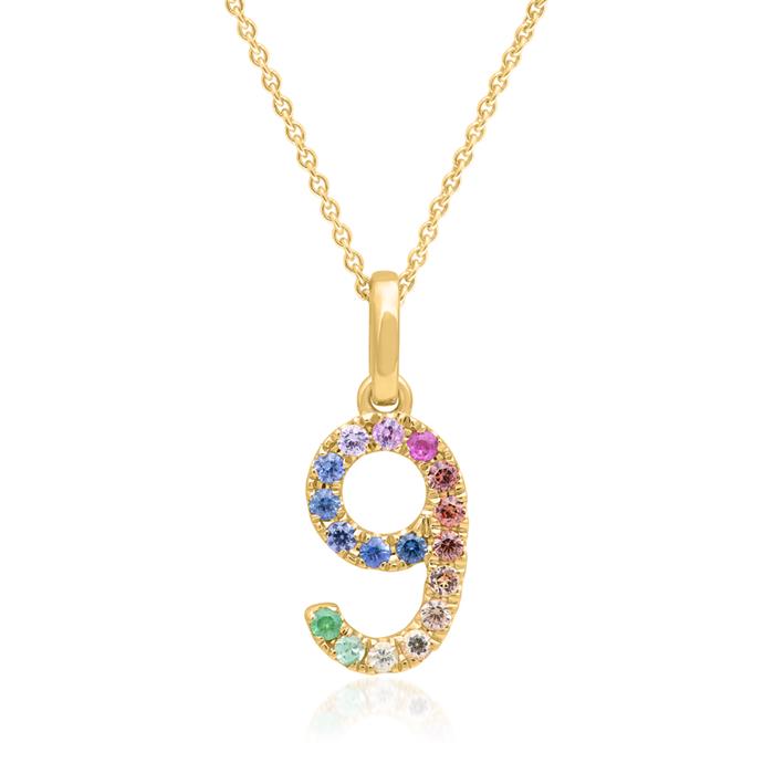 14K gold pendant number 9 with sapphires, multicoloured