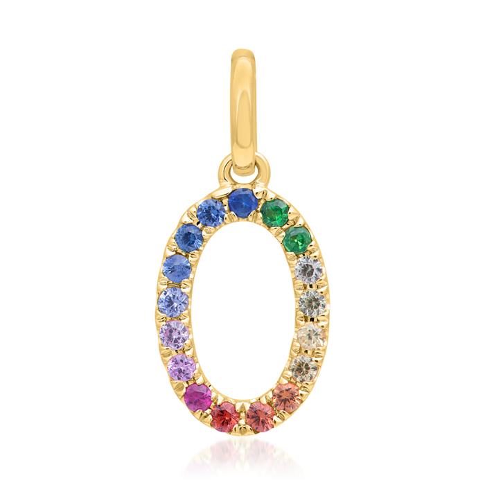 Number pendant 0 in 14K gold with colourful sapphires