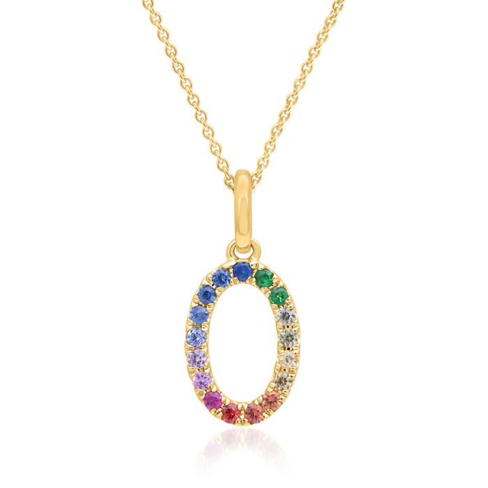 Number pendant 0 in 14K gold with colourful sapphires