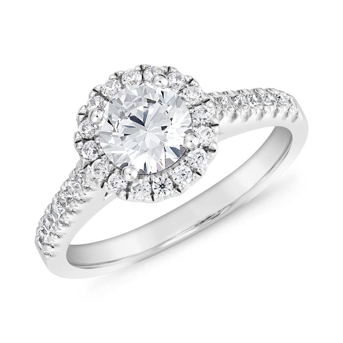 Halo ring with diamonds in white gold or platinum