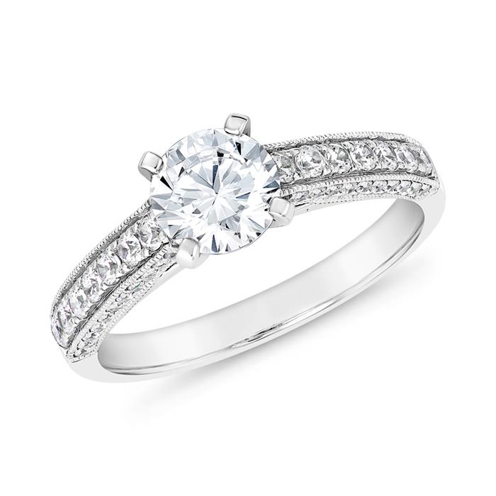 Engagement ring, lab grown diamonds, white gold, platinum