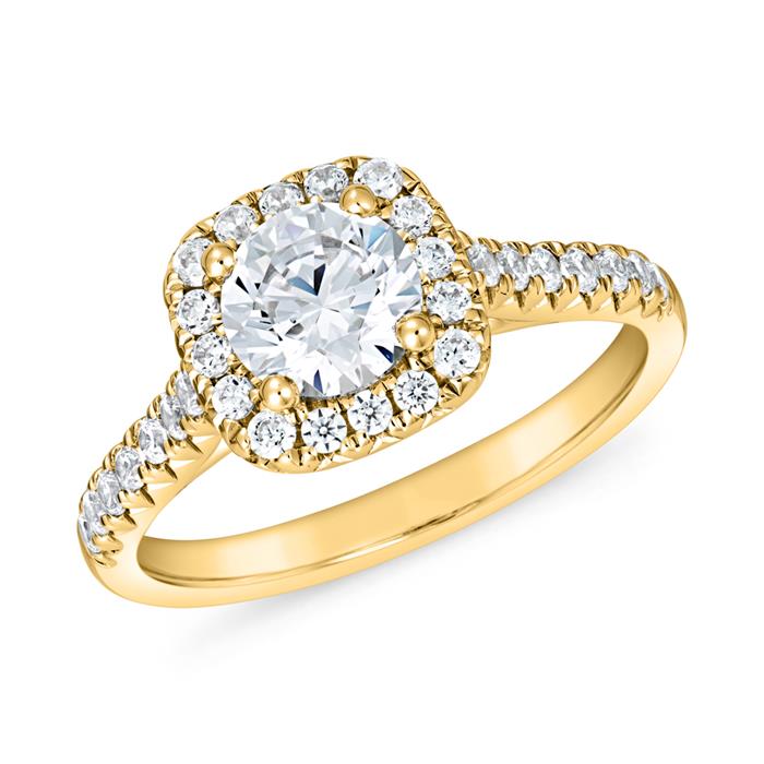 Engravable halo diamond ring in yellow gold for women