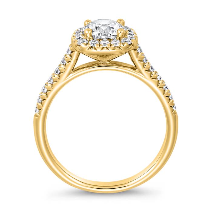 Anillo grabable con halo de diamantes en oro amarillo para mujer