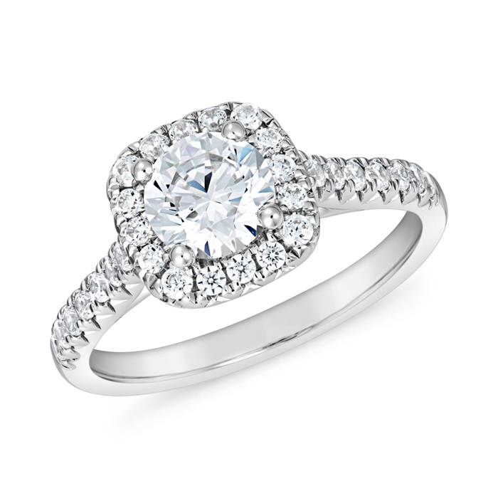 Engravable halo ring with diamonds, white gold, platinum