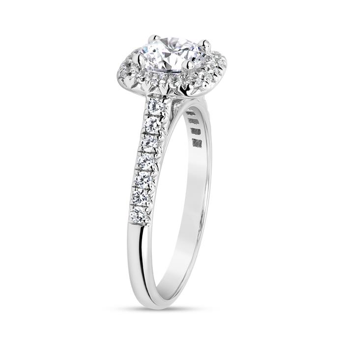 Engravable halo ring with diamonds, white gold, platinum