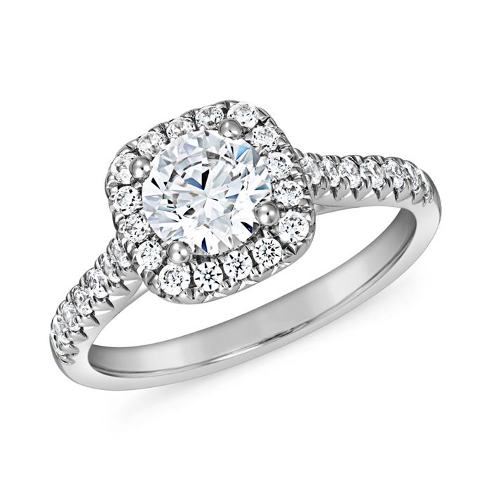 Halo ring with lab grown diamonds, white gold, platinum