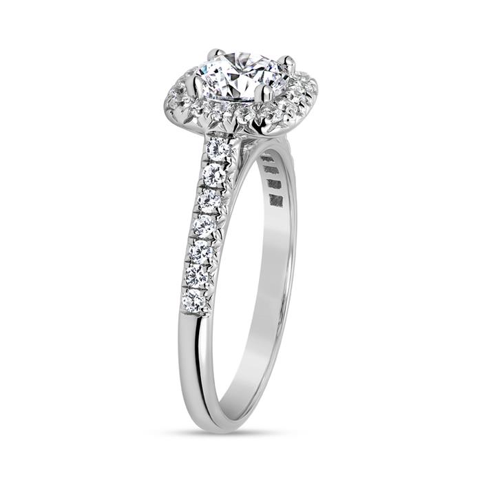 Halo ring with lab grown diamonds, white gold, platinum