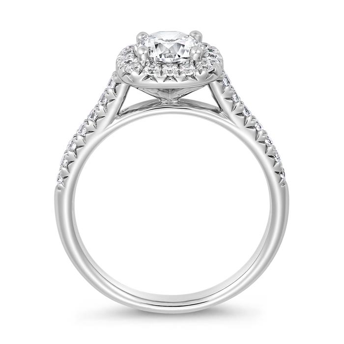 Halo ring with lab grown diamonds, white gold, platinum